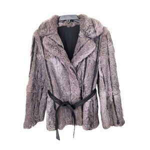 Fur Coat Womens Small Vintage Rabbit Leather Belted Gray Jacket Lined
